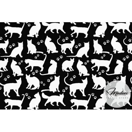 Tkanina białe kotki na czarnym tle - materiał bawełna
