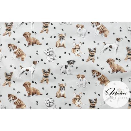 Tkanina psy pieski na jasnym szarym tle - materiał bawełna