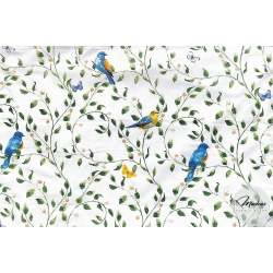 Tkanina bawełniana ptaki ptaszki liście na białym tle