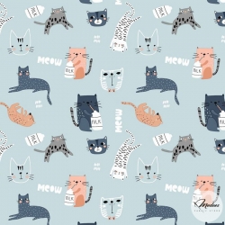 Tkanina bawełniana kotki koty na niebieskim tle
