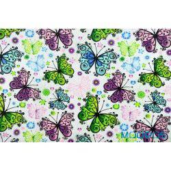 Motyle motylki niebieskie zielone fioletowe - tkanina bawełniana