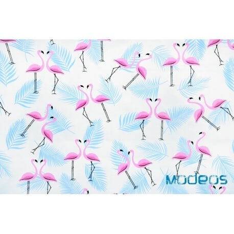 Flamingi i niebieskie liście - tkanina bawełniana